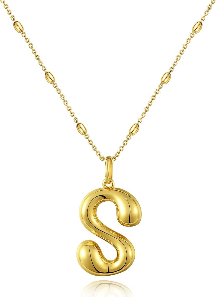 KissYan Bubble Letter Necklace,14K Gold Plated Balloon Initial Pendant with Bead Chain Dainty Jew... | Amazon (US)