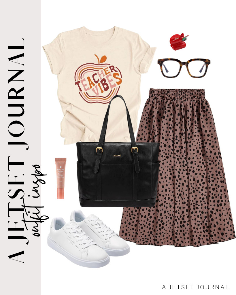 For your first outfit, pair this teacher T-shirt with Milumia vintage A-line skirt. This look goes well with Cole Haan Grand Crosscourt sneakers and LOVEVOOK laptop work tote. You can finish the look with a claw clip and Naturium Phyto-Glow Lip Balm. 

 #LTKSeasonal #LTKSaleAlert #LTKTravel