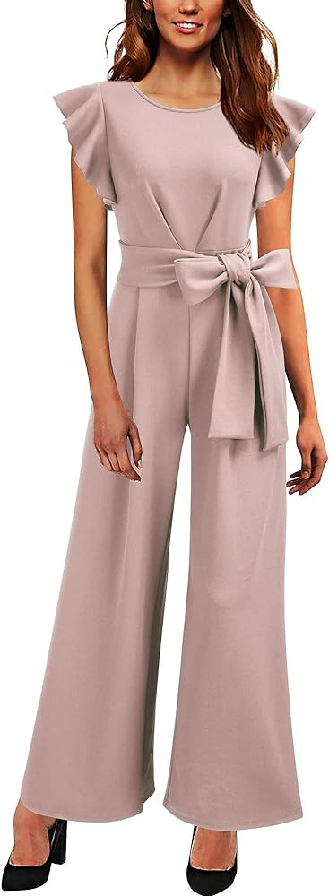 Knitee Women's Vintage Sleeveless Ruffle High Waist Wide Leg Romper Formal Long Jumpsuit with Bel... | Amazon (US)