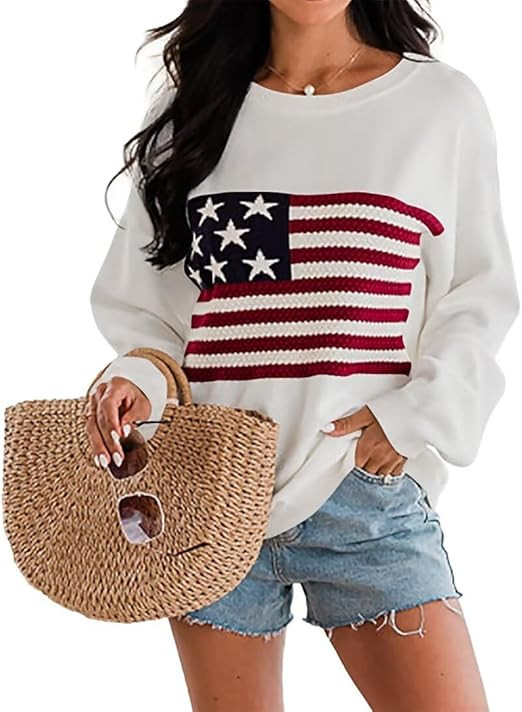 Dressmine Womens 4Th of July Outfit Loose Long Sleeve Blouse Soft Hollow Out Ribbed Kint 2025 Ame... | Amazon (US)
