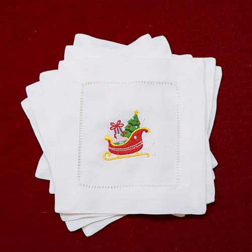 Lauusiusi 100% Linen Cocktail Napkins with Eembroidery Christmas Sleigh 6 Pack Cloth Coaster for Xmas Parties Kitchen Coffee Bar Gift Ladder Hemstitch Snowy Sleighride Square Fabric Napkins (6"x6") | Amazon (US)