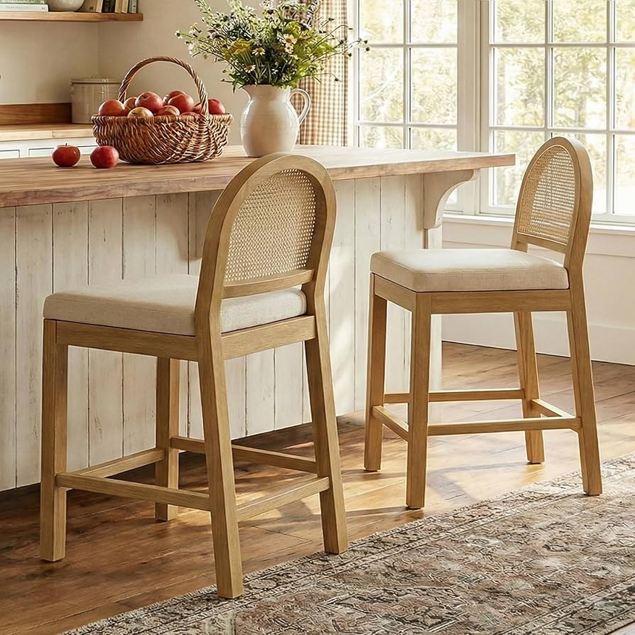 STHOUYN Upholstered Rattan Bar Stools Set of 2, Wooden Counter Height Stools with Natural Rattan ... | Amazon (US)