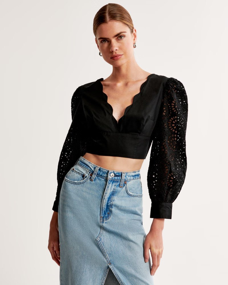 Long-Sleeve Poplin Plunge Cutwork Top | Abercrombie & Fitch (US)