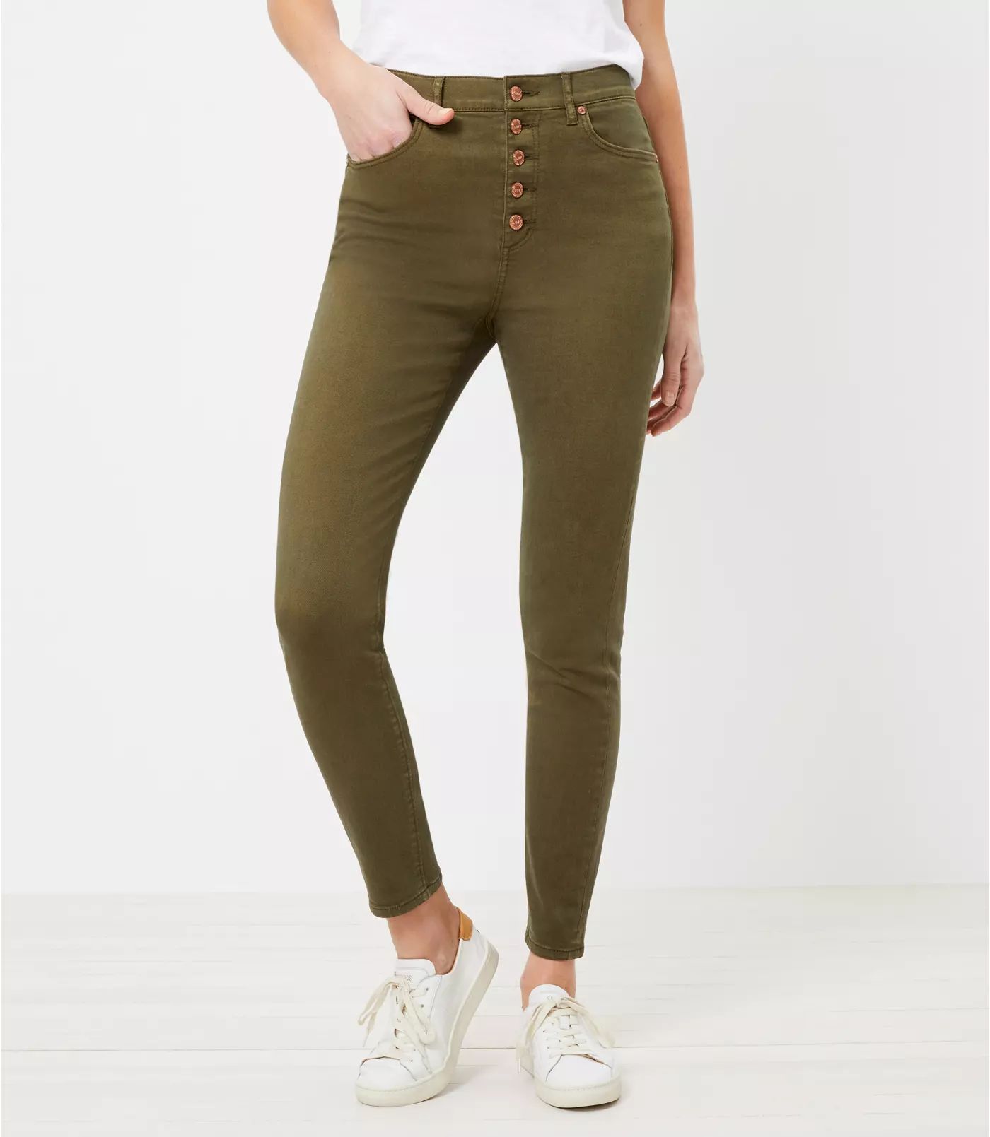 Petite High Rise Button Front Skinny Jeans in Vintage Olive | LOFT