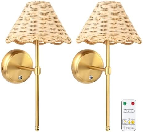 Battery Operated Boho Rattan Wall Sconce Set of 2, Stepless Dimming Magnetic Wall Lamp, 5200mAh R... | Amazon (US)