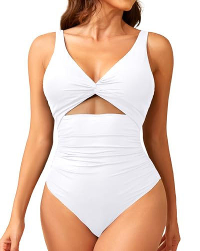 Tempt Me Women White One Piece Swimsuits Tummy Control Cutout Bathing Suits Ruched V Neck Twist Front Swimwear L | Amazon (US)