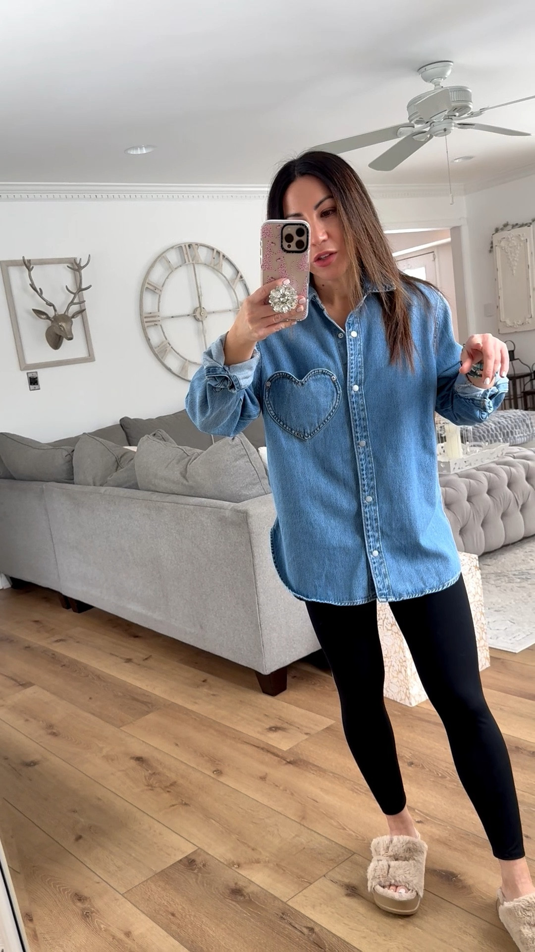 Small denim shirt, small leggings, shoes size up

#LTKOver40 #LTKSaleAlert #LTKFindsUnder50