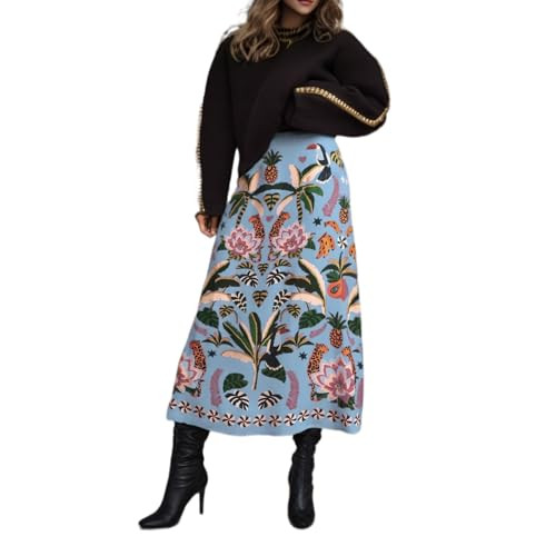 XWEAIJ A Line Midi Skirts for Women Floral Satin Boho Wrap Pink High Waist Zipper Spring Summer Skirt Blue S | Amazon (US)