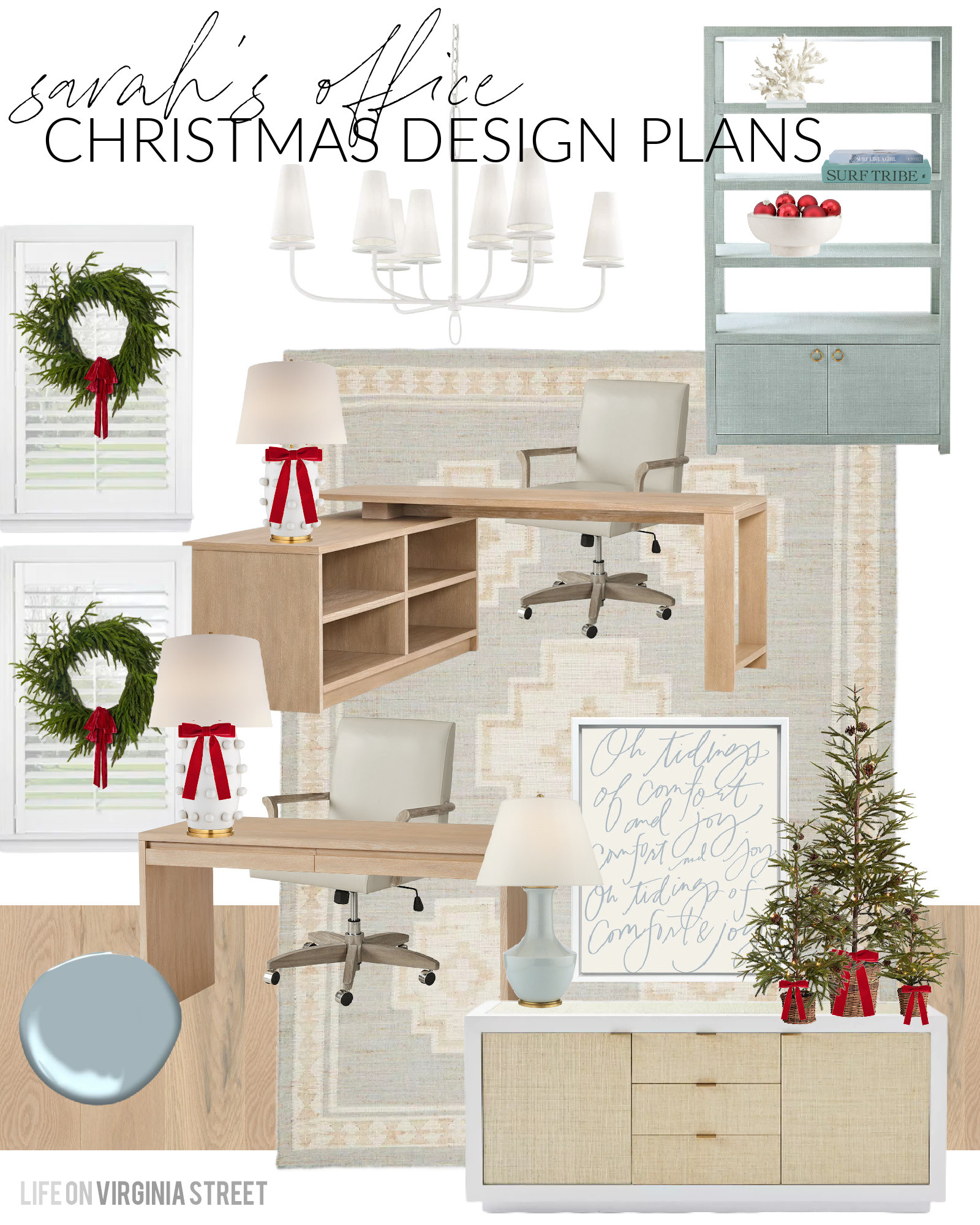 My Christmas decorating plans for my home office. I'm planning to add this "Comfort & Joy" Christmas art, mini Christmas trees, holiday wreaths, a bowl filled with ornaments and red velvet bows to our existing white oak desks, leather desk chairs, blue linen bookcase, designer lamps, and blue and neutral rug. See all of my Christmas design plans here: https://lifeonvirginiastreet.com/2024-christmas-design-boards/ #ltkholiday #ltkhome #ltkseasonal #ltkfindsunder50 #ltkfindsunder100 #ltkstyletip #ltksalealert 

 #LTKHoliday #LTKHome #LTKSaleAlert