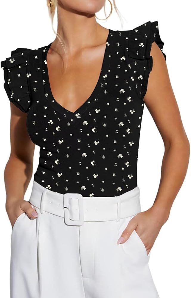 BONITEE Women Summer Ruffle Tops Sexy Deep V Neck Short Sleeve Shirts Trendy Casual Ribbed Slim F... | Amazon (US)