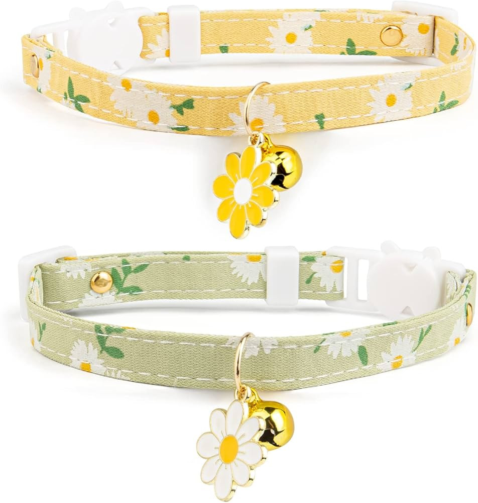 2 Pack Cotton Breakaway Cat Collar with Bell Yellow&Green Flowers Pendant Cute Kitten Cat Collar ... | Amazon (US)