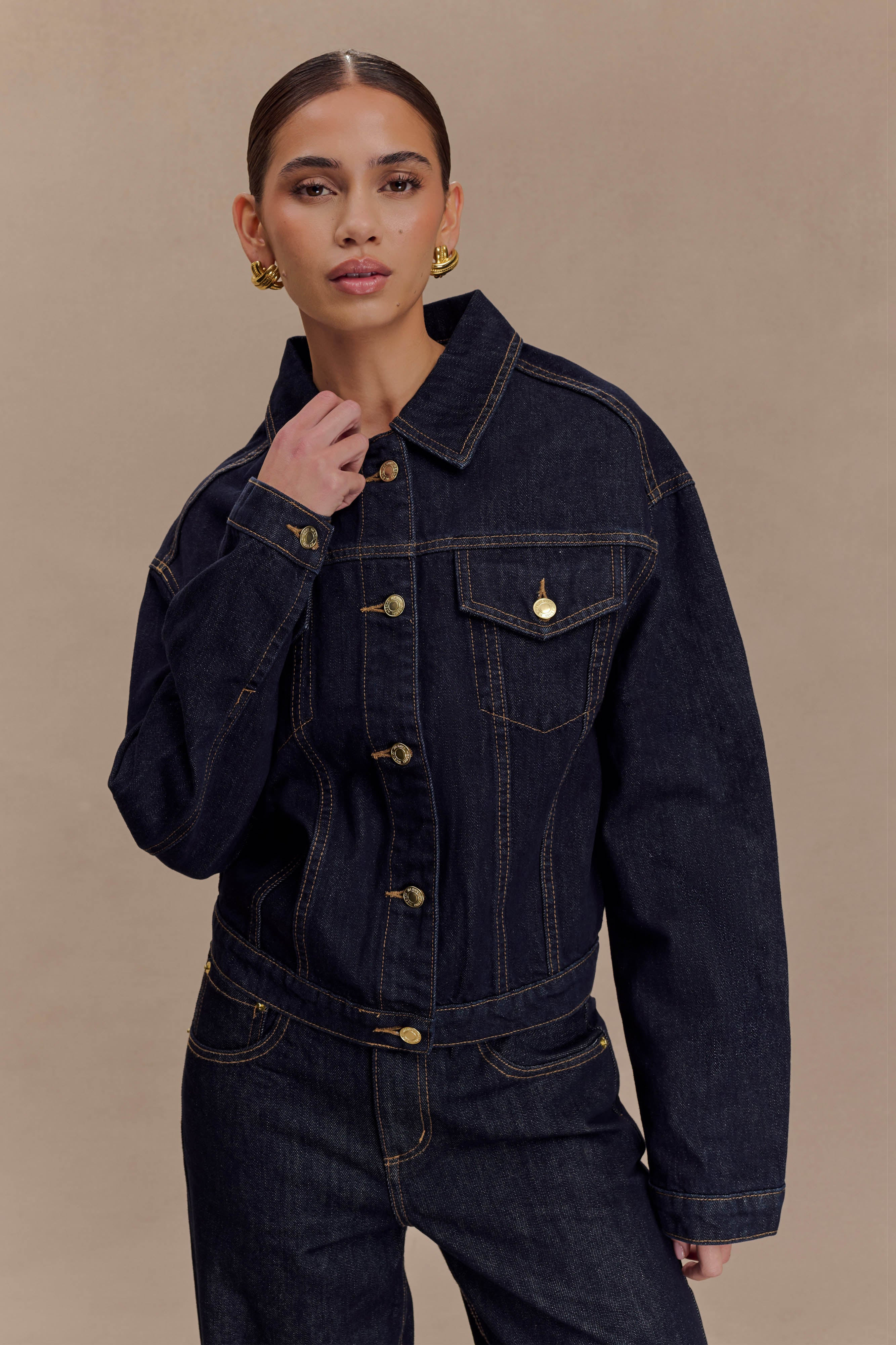 Kirra Cinched Denim Jacket - Washed Indigo Blue | Meshki (APAC)