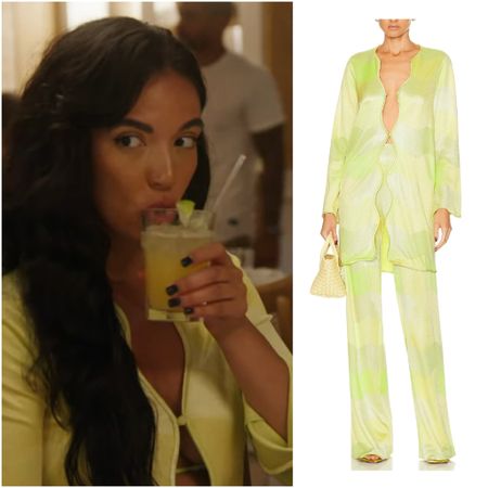 Danielle Olivera’s Green Wave Print Button Down Top and Pants