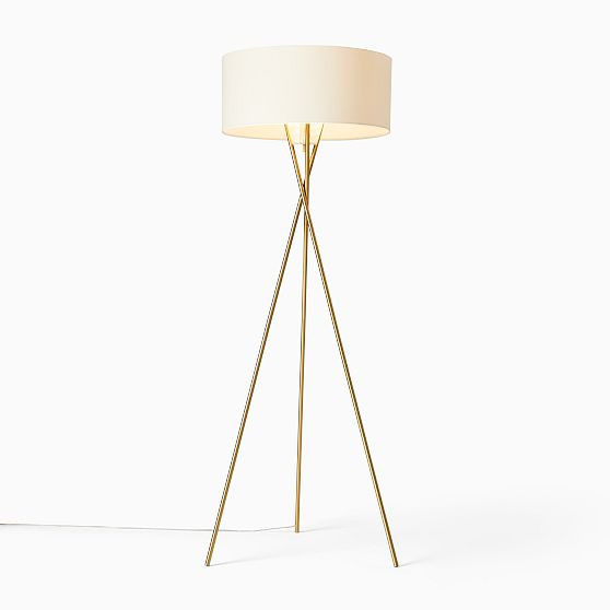 Mid-Century Metal Tripod Floor Lamp Antique Brass White Linen (66"") | West Elm (US)