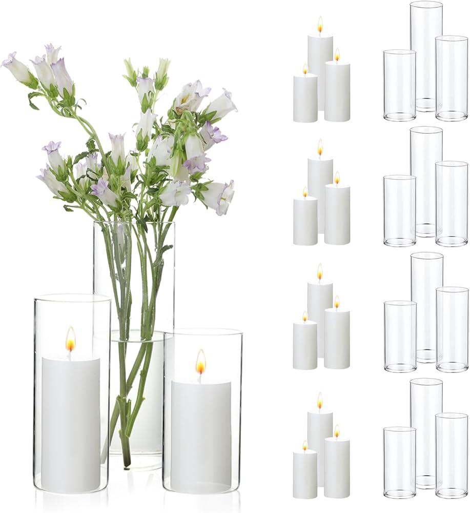 UDU Set of 12 White Pillar Candles and 12 Glass Cylinder Vases Hurricane Holders, Slim Pillar Can... | Amazon (US)