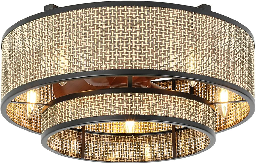 Boho Ceiling Fan with Light,19" 6-Speed Low Profile Flush Mount Ceiling Fan Chandelier with Remot... | Amazon (US)