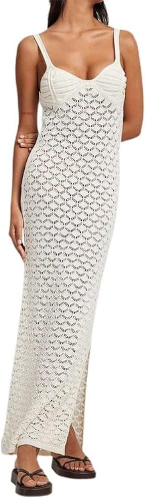 NUFIWI Crochet Knit Hollow Out Maxi Dress Elegant See Through Beach Dress High Waist Sleeveless S... | Amazon (US)