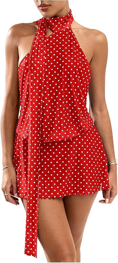 SOLY HUX Women's Polka Dots Mini Dress Backless Sleeveless Halter A Line Party Summer Dresses | Amazon (US)