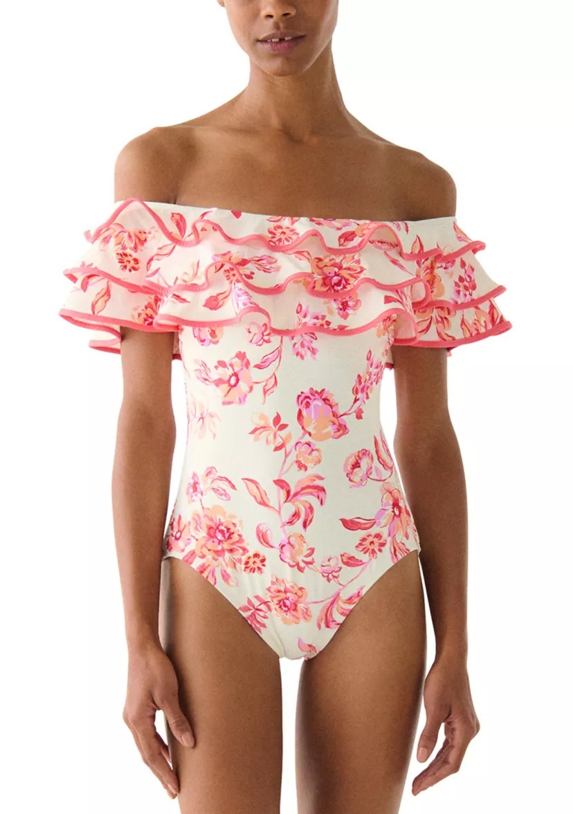 Women's Floral Toile Ruffle Off Shoulder One Piece Swimsuit | Belk