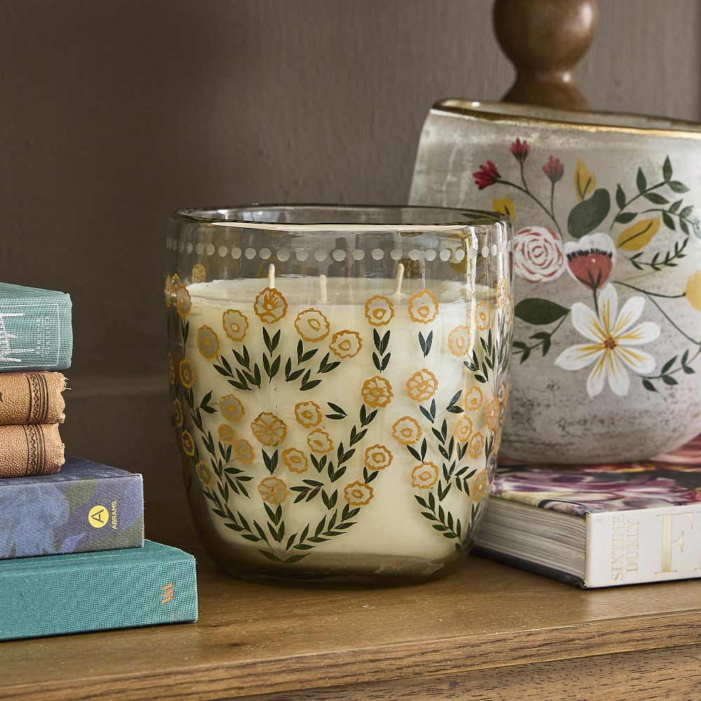 Hand-Painted Etched Glass Marigold Candle | GreenRow