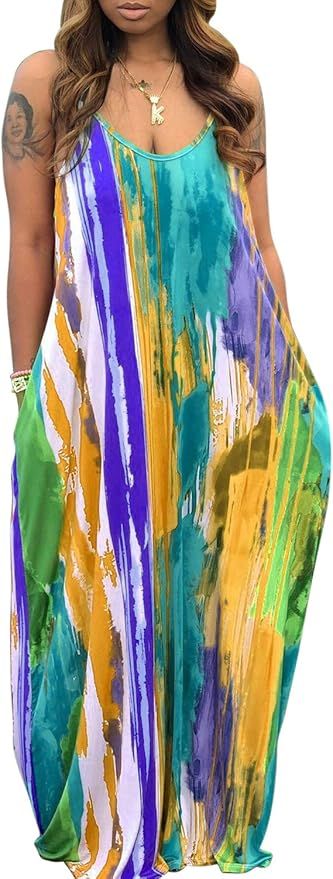 Women's Summer Casual Loose Dresses Sleeveless Floral Plus Size Beach Cover Up Long Maxi Dress wi... | Amazon (US)