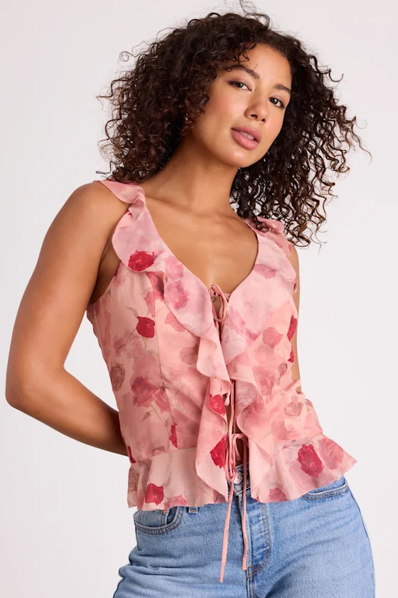 Ivanna Dusty Pink Floral Ruffled Tie-Front Tank Top | Lulus