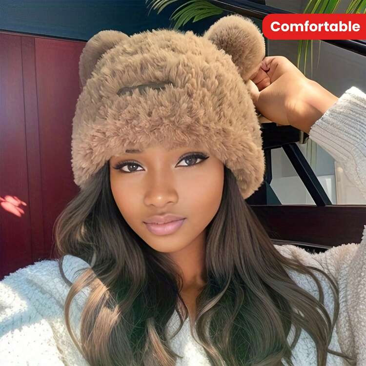 LocalWomen Cute Bear Ear Shape Solid Color Ear Protection Warm Knitted Hat, Plaid Windproof Trave... | SHEIN