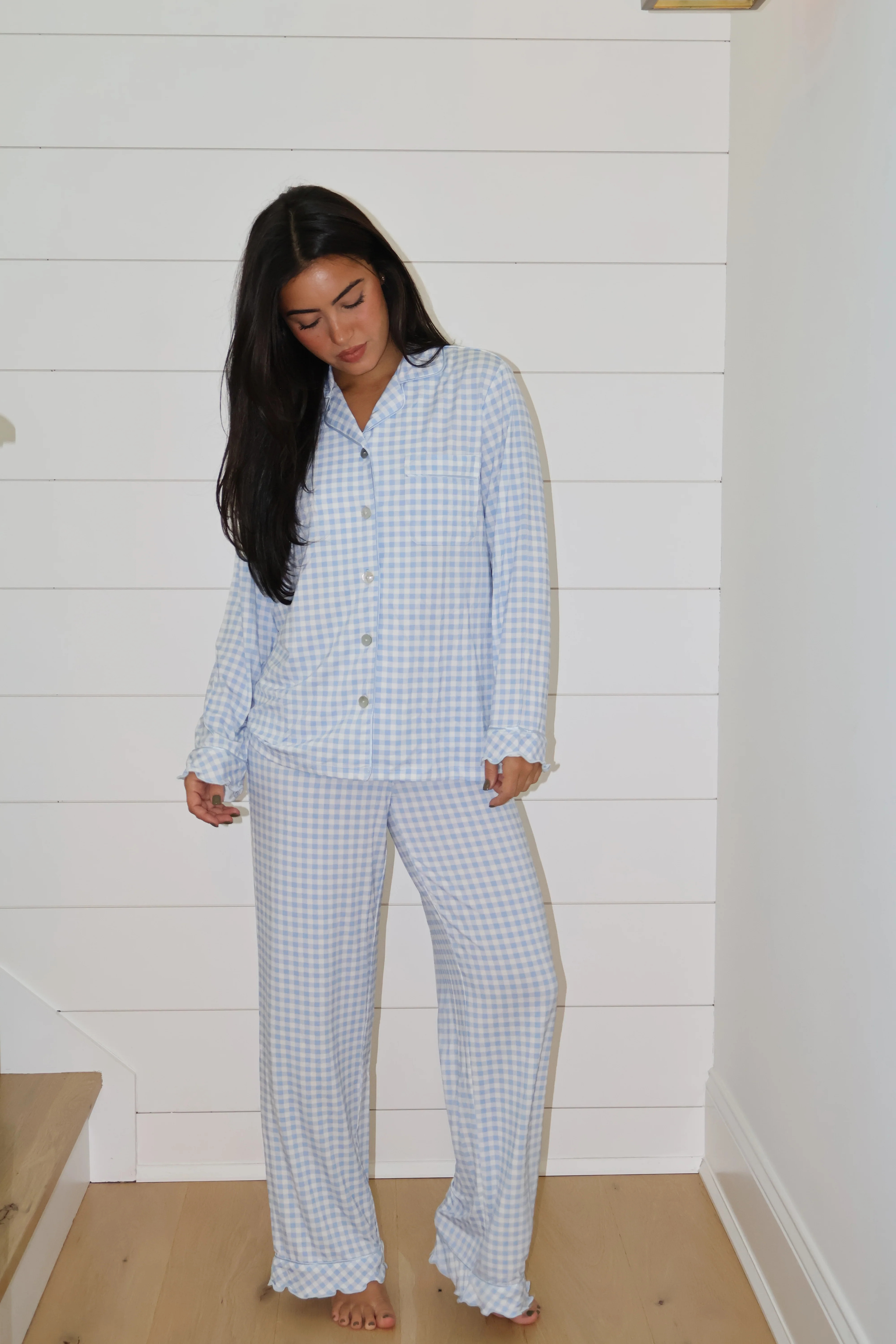 Ruffle Bamboo Pajama Set in Blue Gingham | waverles