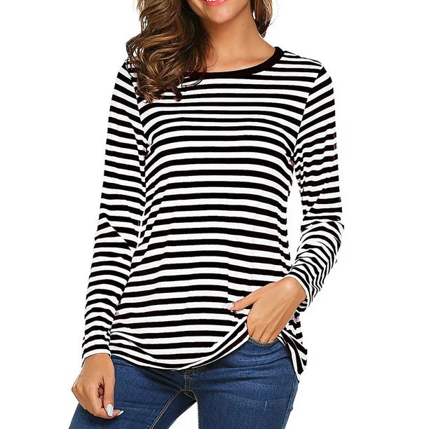 Konbeca Womens Plus Size Tops Striped seersucker long sleeve T-shirt men and round neck line Pull... | Walmart (US)
