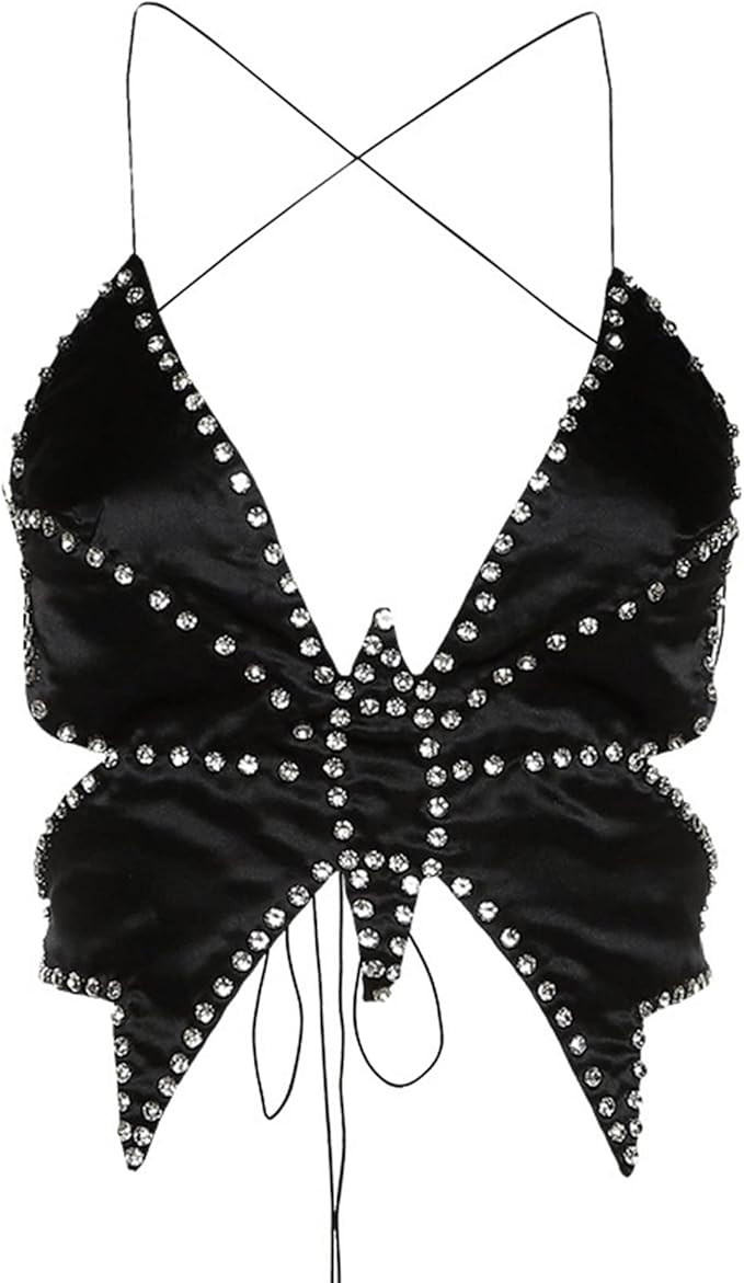 JUMISEE Women Sparkly Rhinestone Butterfly Crop Top Sexy Satin V Neck Bakless Lace Up Cami Tank T... | Amazon (US)