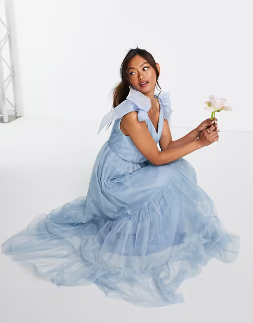 ASOS DESIGN tulle bow tie tiered maxi dress in blue | ASOS (Global)