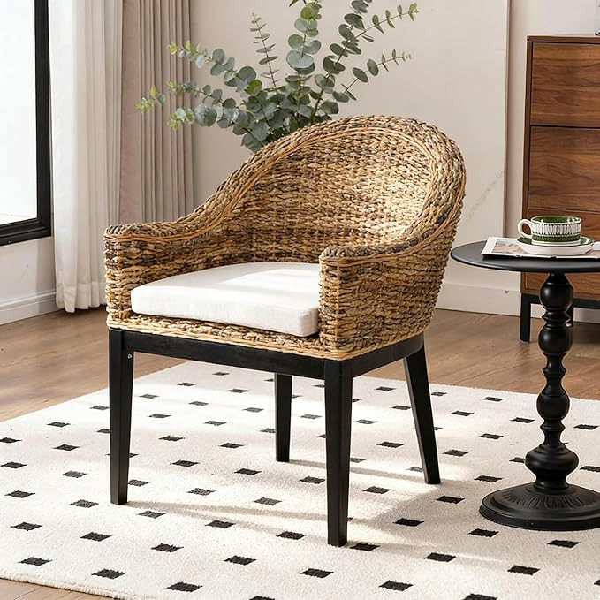 DUHOME Rattan Accent Chair - Modern Armchair with Natural Rattan Armrest, Black Solid Wood Legs &... | Amazon (US)