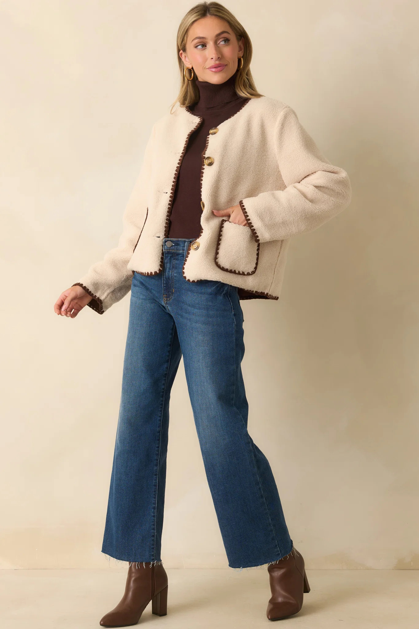 One More Thing Ivory Sherpa Fleece Contrast Trim Button Front Jacket | Red Dress