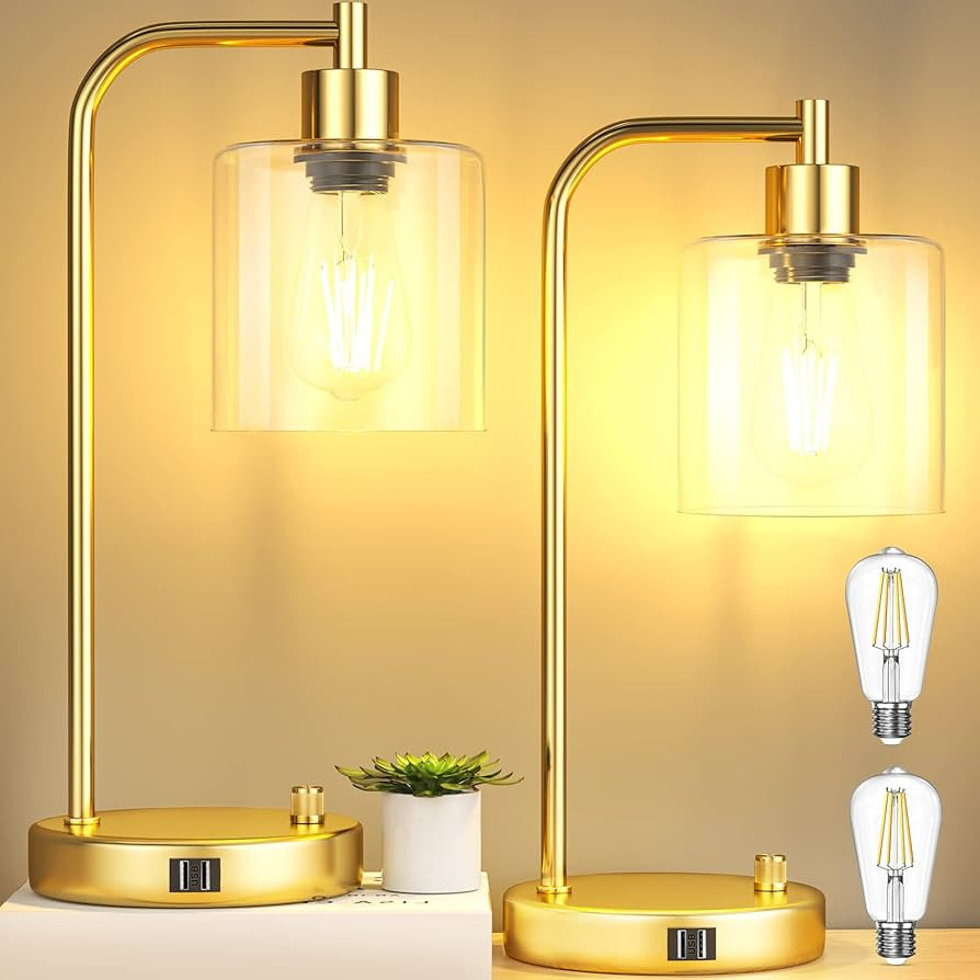 16.5" Gold Industrial Table Lamps for Bedrooms with 2 USB Ports, Fully Stepless Dimmable Modern N... | Amazon (US)