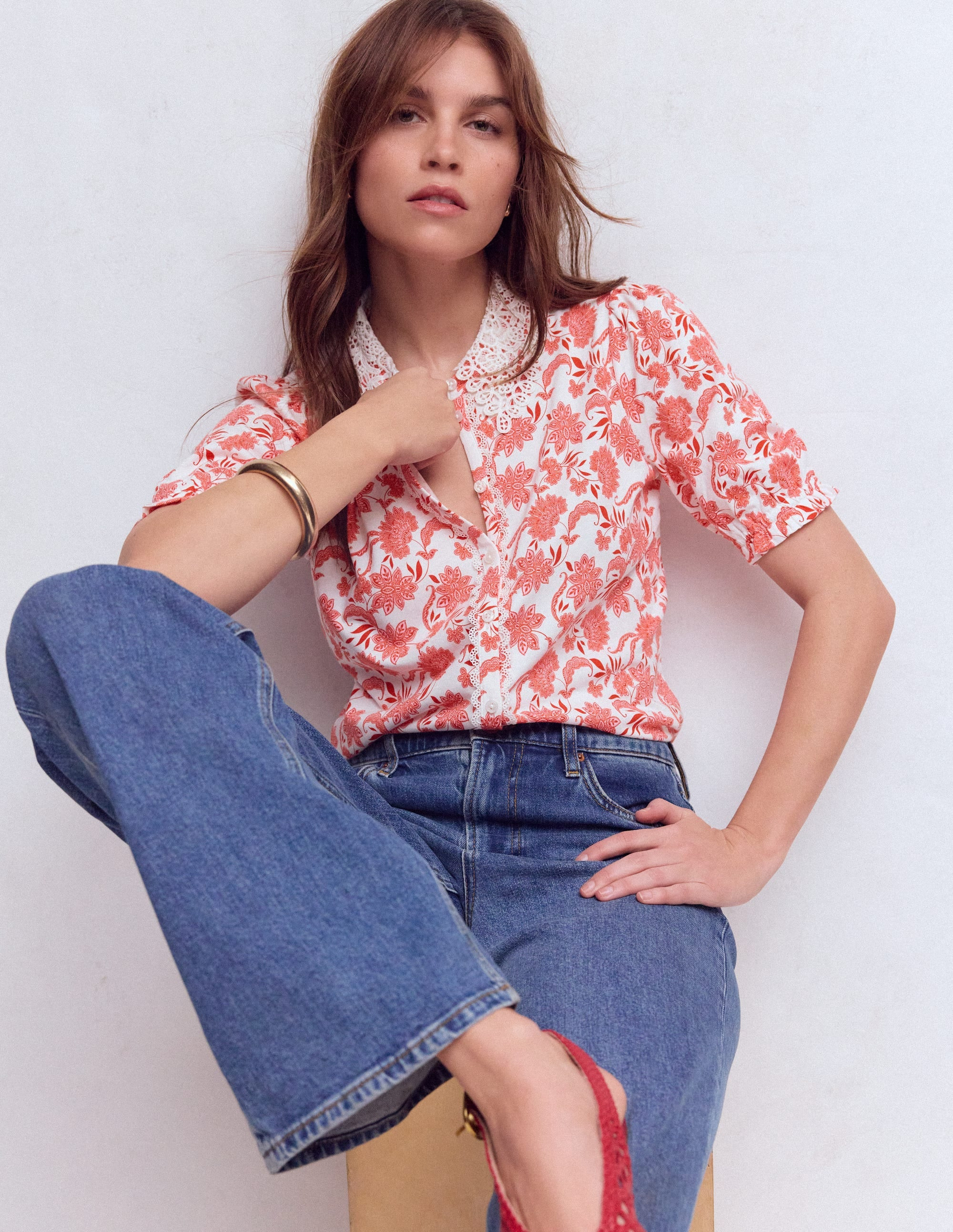 Nessa Broderie Collar Blouse-Ivory, Blue Bloom Scatter | Boden (US)