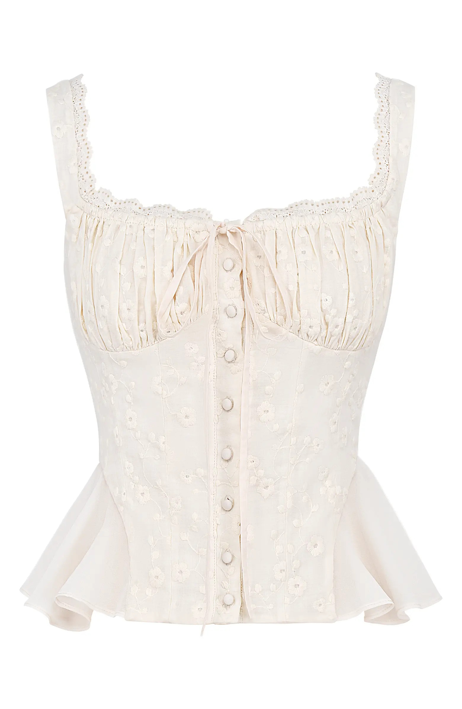 HOUSE OF CB Jean Broderie Anglaise Button-Up Peplum Top | Nordstrom | Nordstrom