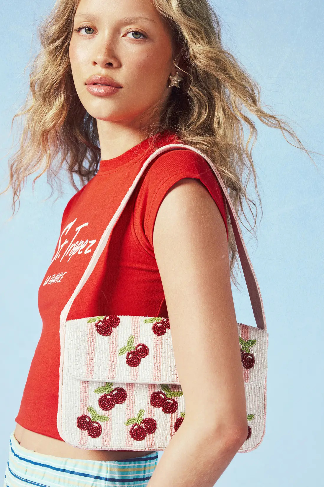 Pink Striped Cherry Detail Beaded Shoulder Bag | Boohoo USA | boohoo (US & Canada)