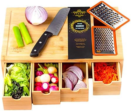 Ecozoi Extra Large Bamboo Cutting Board With 4 Bamboo Drawer Organizer Trays, Kitchen Cutting Boa... | Amazon (UK)