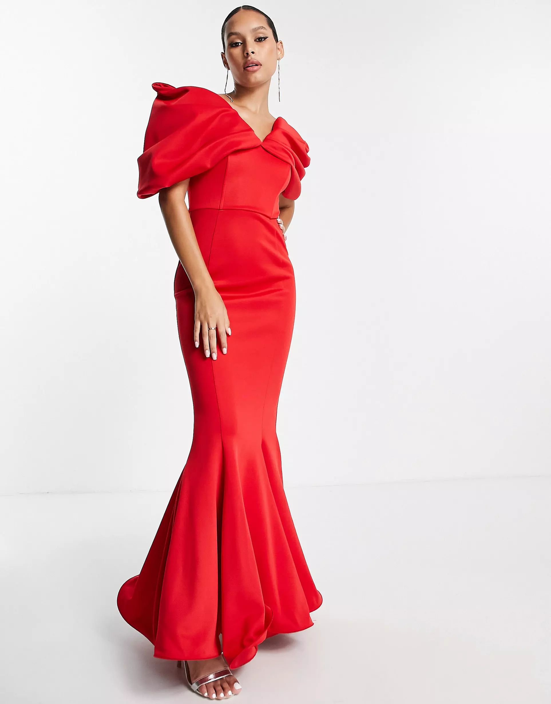 ASOS DESIGN extreme drape sleeve wide hem maxi dress in red | ASOS (Global)