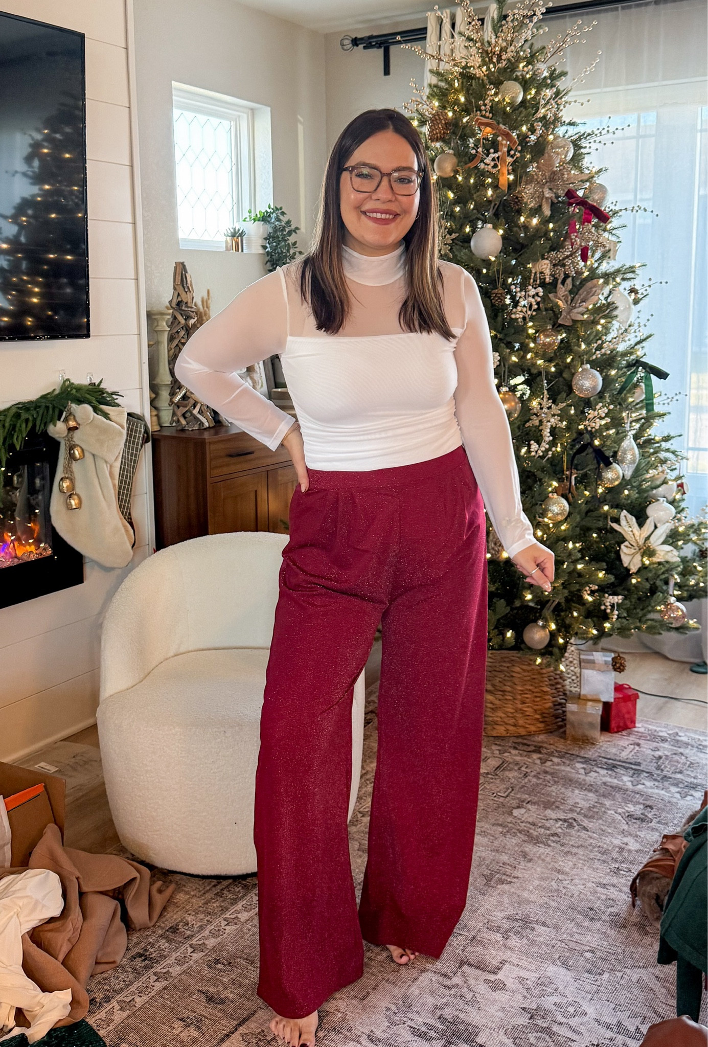 New Years Eve or holiday look // mesh turtleneck bodysuit, sized up to XL. Shimmery elastic waist wide leg pants in wine red, sized up to XL but would stick with your true size // NYE outfit inspo / bodysuit / midsize nye outfit / comfy and cute new years outfit

#LTKParties #LTKHoliday #LTKMidsize