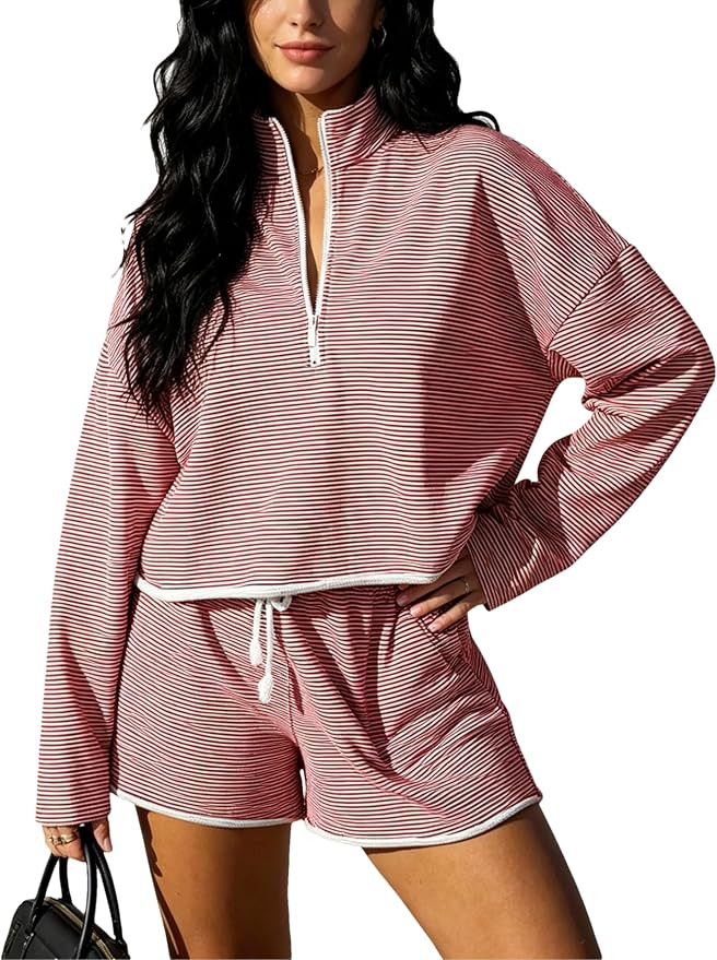 Bozanly Women's 2 Piece Outfits Casual Quarter Zip Long Sleeve Pullover and Drawstring Shorts Lou... | Amazon (US)
