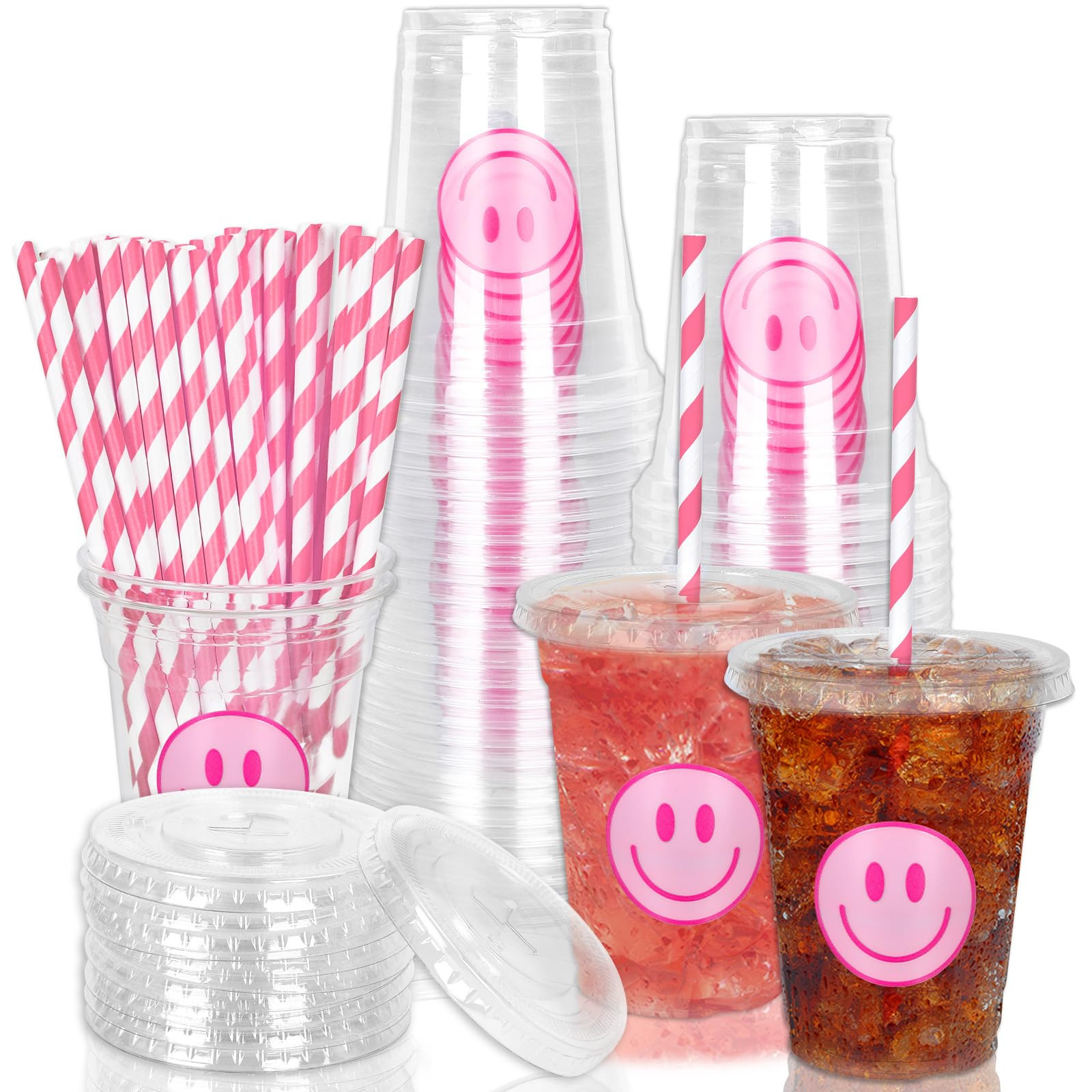 Whaline 50Pcs Preppy Smile Face Cups with Lids and Straws 12oz Pink Happy Face Disposable Plastic... | Amazon (US)