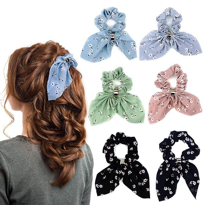 6 Pcs Bowknot Hair Scrunchies Chiffon Yarn Floral Elastic Satin Headband Ponytail Holder for Fema... | Amazon (US)