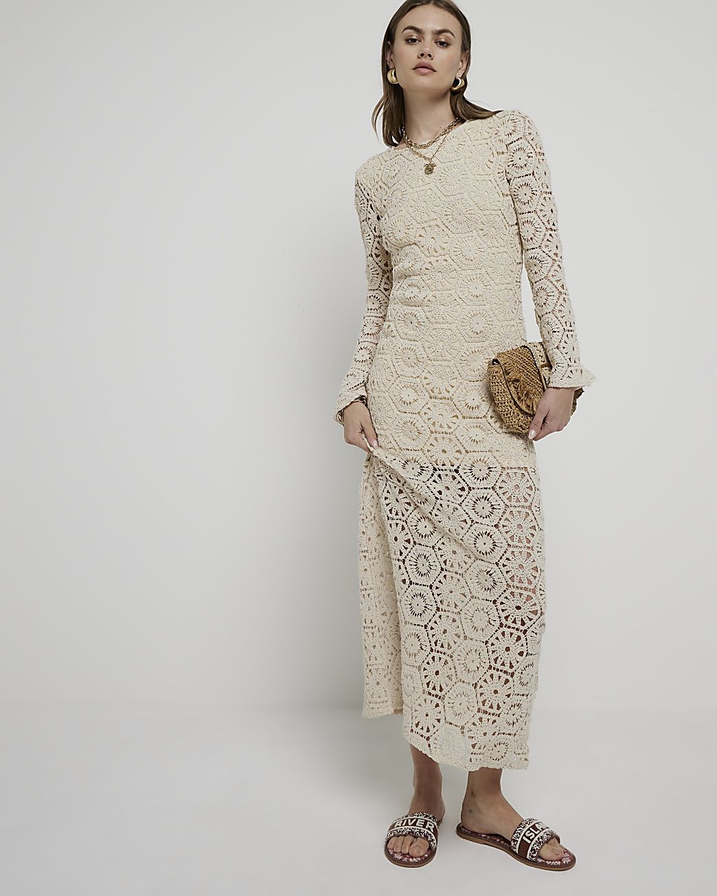 Cream flower crochet bodycon maxi dress | River Island (UK & IE)