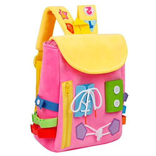 Busy Board - Toddler Backpack with Buckles and Learning Activity Toys - Develop Fine Motor Skills and Basic Life Skills - Learn to Tie Shoes - Children's Travel Toy (Pink) | Amazon (US)