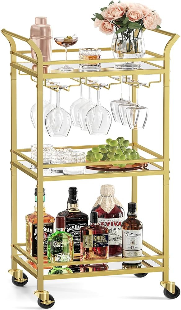 VASAGLE Bar Cart Gold, Home Bar Serving Cart, Small Bar Cart with 3-Tier Mirrored Shelf, Wine Hol... | Amazon (US)