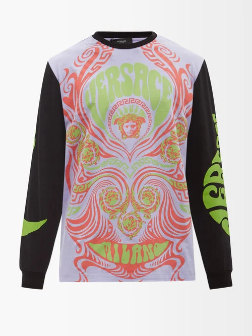 Versace - Medusa Music-logo Cotton Long-sleeved T-shirt - Mens - Purple Multi | Matches (US)