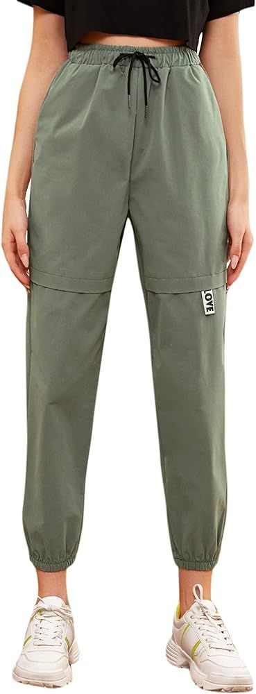 MakeMeChic Women's Drawstring Waist Letter Patched Tapered Capris Cargo Pants | Amazon (US)
