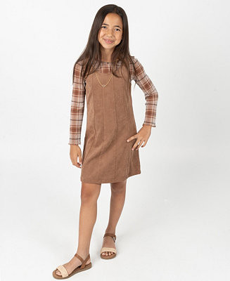 Big Girl 2-Piece Corduroy Dress over Plaid Mesh Top with Necklace Set | Macy's