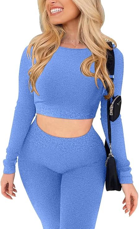 GXIN Women's Workout 2 Piece Seamless Running Long Sleeve Crop Tops High Waist Yoga Leggings Sets | Amazon (US)